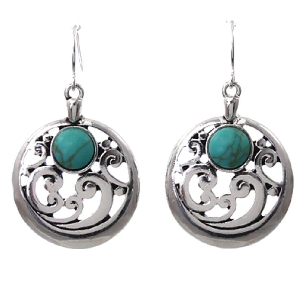 Round Filigree Dangle Drop Earrings Turquoise Stone NWT